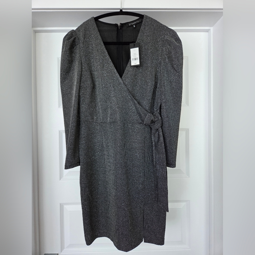 NWT Dynamite Faux Wrap Dress With Silver Effect, Size L